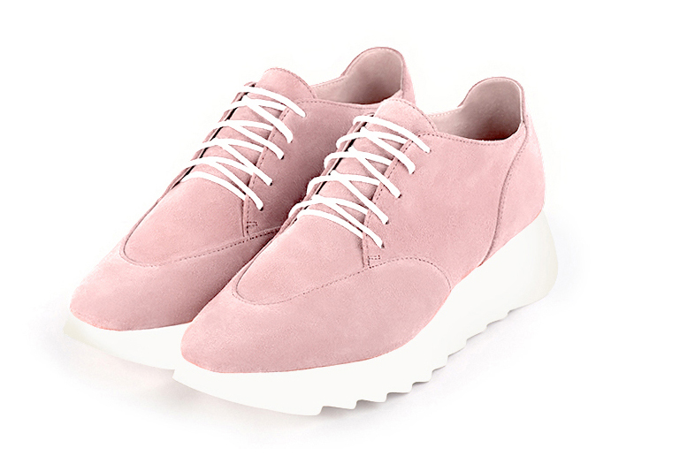 Light pink women's casual lace-up shoes. Square toe. Low rubber soles. Front view - Florence KOOIJMAN
